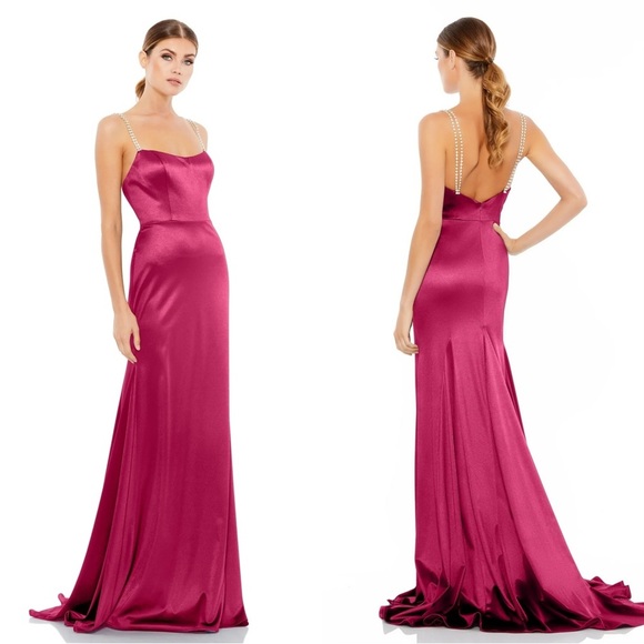 Size 0 Mac Duggal Pink Charmeuse Rhinestone Strap Trumpet‎ Gown Prom Dress - Picture 1 of 7